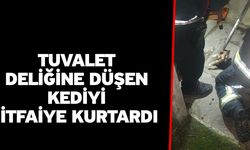 Tuvalet deliğine düşen kediyi itfaiye kurtardı