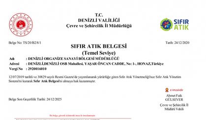 Denizli OSB’ye “sıfır atık belgesi”