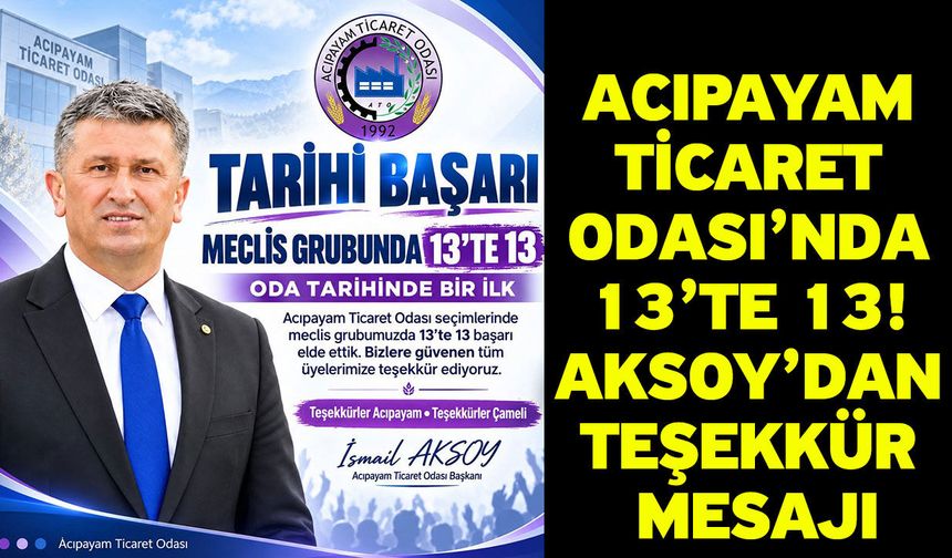 Acıpayam Ticaret Odası’nda 13’te 13! Aksoy’dan teşekkür mesajı